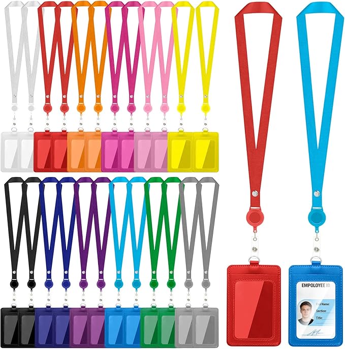 24 Pcs ID Badge Holder with Retractable Lanyard, Leather Vertical Id Card Holder with Badge Reel Neck Lanyard, Colorful Heavy Duty Retractable Lanyards with ID Holder for Work Cards Office