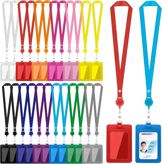 24 Pcs ID Badge Holder with Retractable Lanyard, Leather Vertical Id Card Holder with Badge Reel Neck Lanyard, Colorful Heavy Duty Retractable Lanyards with ID Holder for Work Cards Office