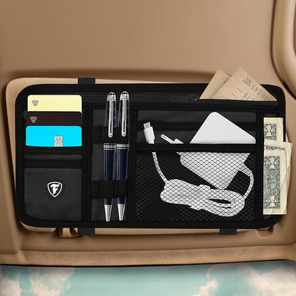 Firestone 2 Pack Sun Visor Organizer Car Accessories for Men & Women, Multi Pocket Visor Storage with Pockets & Card Slots, Eyeglass Holder, Document Holder & Pen Slots - Fits Most Vehicles, Black