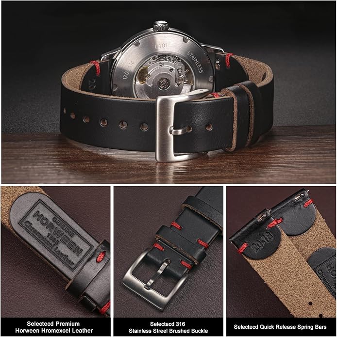 hemsut h Leather Watch Bands for Men, Horween Quick Release Leather Watch Strap Vintage Watch Replacement Wrap of 18mm, 20mm, 22mm
