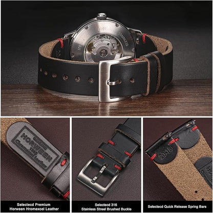hemsut h Leather Watch Bands for Men, Horween Quick Release Leather Watch Strap Vintage Watch Replacement Wrap of 18mm, 20mm, 22mm