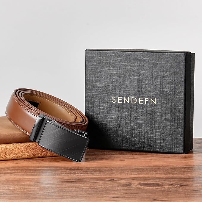 SENDEFN Men's Leather Belt Automatic Ratchet Buckle Slide Belt for Dress Casual Trim to Fit with Gift Box