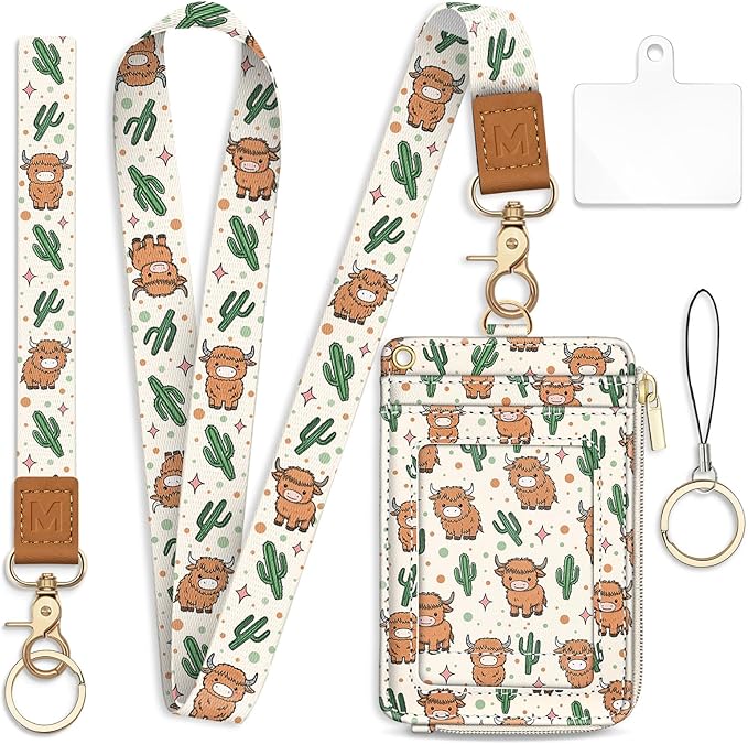 Lanyard Wallet with Id Badge Holder, Highland Cow RFID Small Keychain Wallet Women Wristlet, Zipper Credit Card Holder Phone Wrist Neck Strap for Key Name Tag, Teacher Student Office Gifts