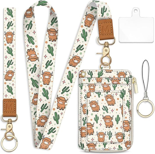 Lanyard Wallet with Id Badge Holder, Highland Cow RFID Small Keychain Wallet Women Wristlet, Zipper Credit Card Holder Phone Wrist Neck Strap for Key Name Tag, Teacher Student Office Gifts