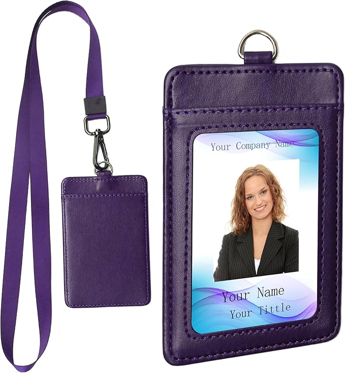 Leather Badge Holder with Adjustable Lanyards,Swivel Metal Clasp for Offices, Staff, Students, Employees(Purple)