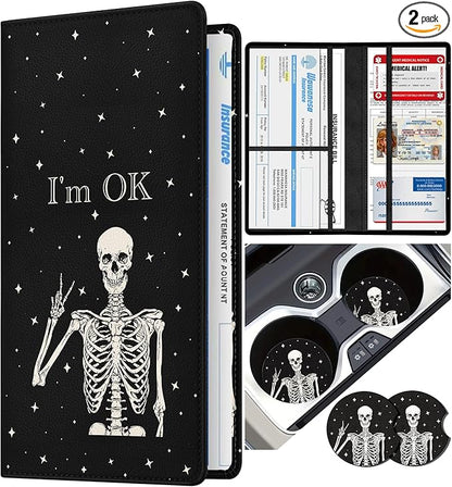 Slohif Car Registration and Insurance Holder - Skeleton Vehicle Glove Box Organizer Women with Magnetic Shut Leather Automobile License Holders Coasters Auto Accessories Case for Document