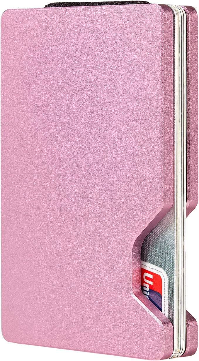 Minimalist Carbon Fiber Wallet for Men, Money Clip Cash Strap Wallet, RFID Blocking Metal Wallet Aluminum Card Holder,Front Pocket Wallet(Matte Pink)