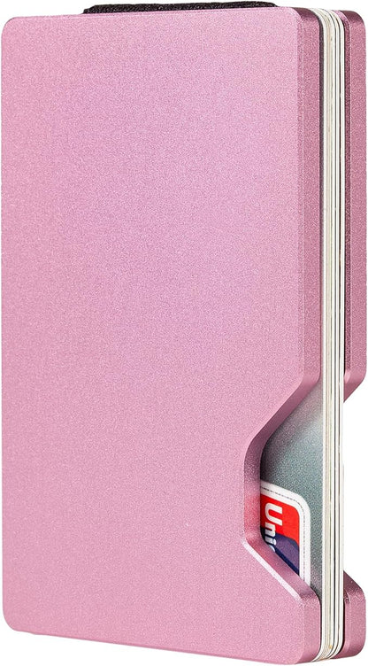 Minimalist Carbon Fiber Wallet for Men, Money Clip Cash Strap Wallet, RFID Blocking Metal Wallet Aluminum Card Holder,Front Pocket Wallet(Matte Pink)