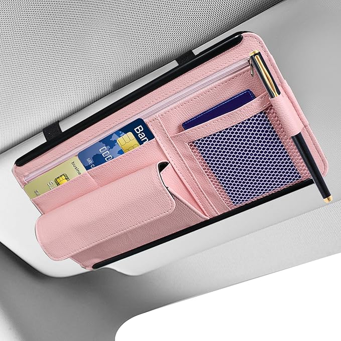 Hovom Car Visor Organizer, Leather Multi-Pocket Auto Sun Visor Storage Pouch with Sunglasses Holder, Card Holder, Zipper Pocket, Net Pocket, Pen Slot, Universal Interior Car Accessories (Pink)