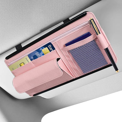 Hovom Car Visor Organizer, Leather Multi-Pocket Auto Sun Visor Storage Pouch with Sunglasses Holder, Card Holder, Zipper Pocket, Net Pocket, Pen Slot, Universal Interior Car Accessories (Pink)
