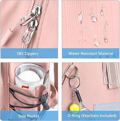 Tennis Backpack with 2 Rackets Holder, Water-Resistant PU Leather Tennis Racket Bag for Women & Men, Sling Crossbody Sports Backpack for Tennis, Pickleball & Badminton, Tennis Gifts