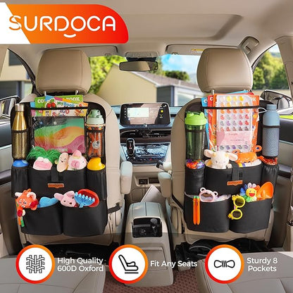 SURDOCA Upgraded Car Organizer with 11-inch Tablet Holder, 8 Pockets, Car Seat Protector for Road Trips - Car Storage and Organizers for Kids