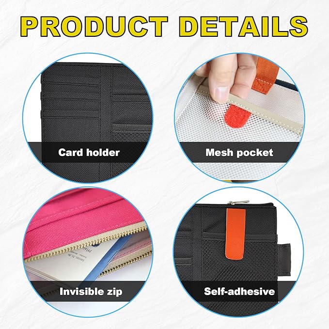 Povtii 2 PCS Car Sun Visor Organizer, Oxford Cloth Multi-Pocket Storage Holder with Zipper, Auto Visor Storage Net Pouch for Card Note Phone Registration, Car Accessories (Black)