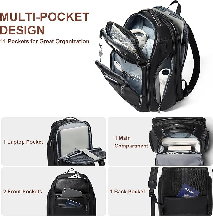 Vegan Leather Backpack, 40L Expandable, TSA Travel Backpack for Men and Women, Fits 17.0 Inch Notebook with Luggage Strap and USB Port, Black