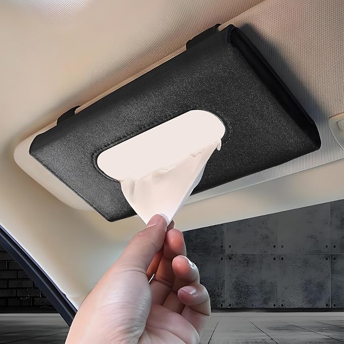Car Tissue Holder, Leather Tissue Holder for Car Sun Visor, Rectangular Auto Sun Visor Napkin Holder Mask Dispenser, Universal Vehicle Tissue Box Sun Visor Accessory (Black)