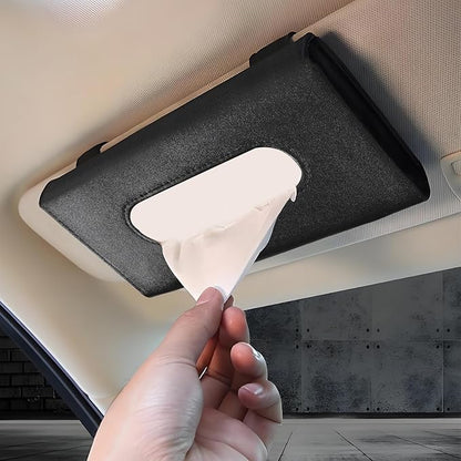 Car Tissue Holder, Leather Tissue Holder for Car Sun Visor, Rectangular Auto Sun Visor Napkin Holder Mask Dispenser, Universal Vehicle Tissue Box Sun Visor Accessory (Black)