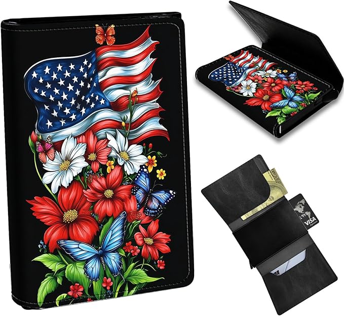 Minimalist Wallet for Men's Card Holders, Pop-Up Card Case Wallets for Women, Leather Automatic Credit Card Holder with Metal Money Clip RFID Blocking Bifold Pocket, National Flag Red Flowers
