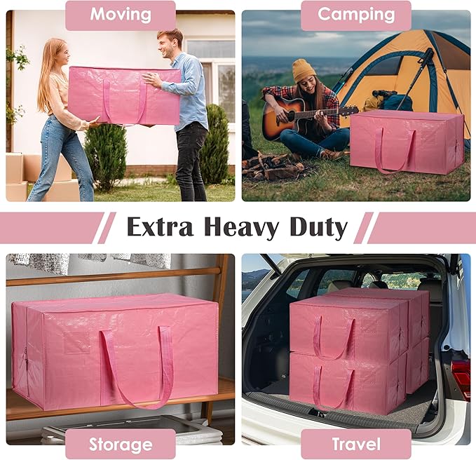 12 Pack Moving Bags with Full-Open Side Zipper, Extra Large 93L Heavy Duty Waterproof Foldable Storage Totes for College Dorm, Moving & Home Organization Pink