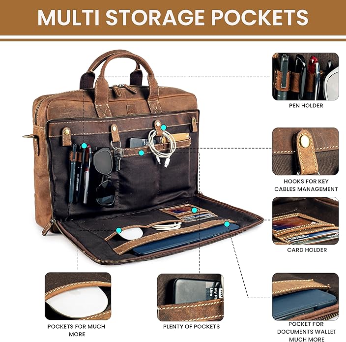Full Grain Leather Messenger Bag for Men, 16” Briefcase Laptop Satchel Vintage Professional Office Work & Travel Bag