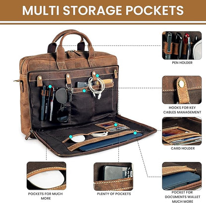 Full Grain Leather Messenger Bag for Men, 16” Briefcase Laptop Satchel Vintage Professional Office Work & Travel Bag