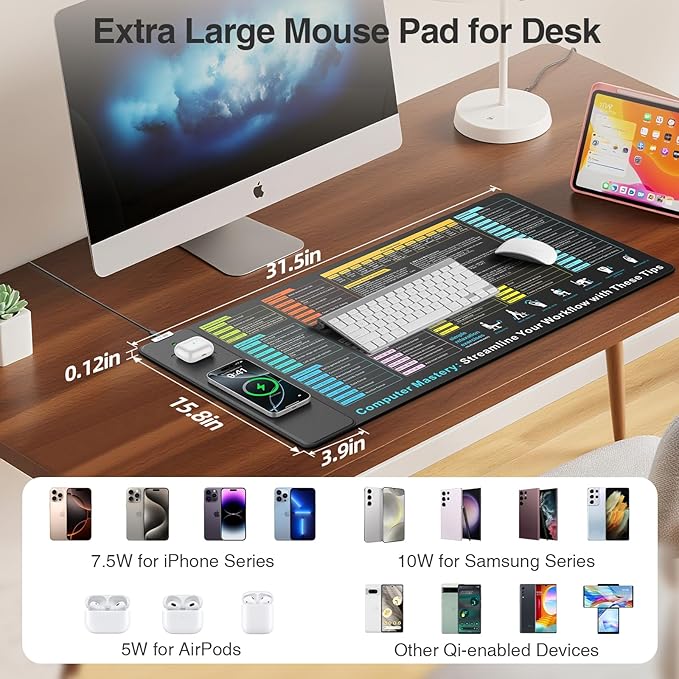 Wireless Charging Mouse Pad with Excel Formulas Shortcuts, 31.5"x15.8" Extra Large Office Spreadsheet Cheat Sheet Desk Mat, Waterproof Ultra-Smooth Surface, Non-Slip Base, with 20W PD Adapter