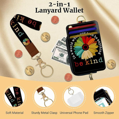 2-in-1 ID Badge Holder & Lanyard Wallet,Multi Use Womens Small Wallet with Zipper Pocket for Women Men with Wristlet and Neck Lanyard 5 Card Slots Work Essential (Be Kind)