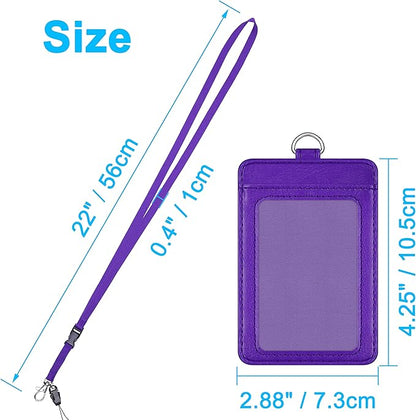 Badge Holder, Wisdompro School Supply 2-Sided PU Leather College ID Badge Card Holder Wallet Case with 1 Clear ID Window and 1 Credit Card Slot and 22 Inch Detachable Neck Lanyard - Purple (Vertical)