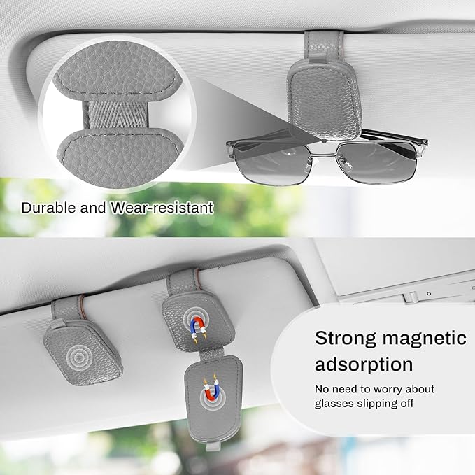 SINGARO Sunglasses Holder for Car, Leather Magnetic Buckle Sun Visor Sunglass Clip, Ticket Card Storage Glasses Clip, Car Interior Accessories for Men and Women（2PCS Gray）