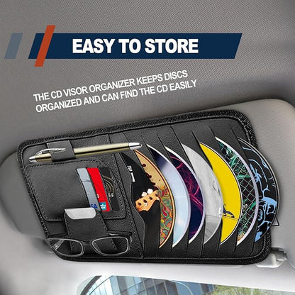 Car Sun Visor Organizer, Car CD Case Holder, Universal Car Eyeglasses Holder Clip with Storage Pockets, for Storing Sunglasses Card Pen Invoice, Black