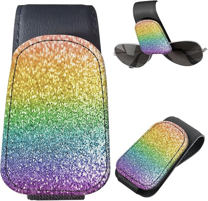 Sunglasses Holder for Car Visor, PU Leather Glasses Clip Organizer, Cute Magnetic Eyeglass Holder for Vehicle Sun Visor, Car Interior Accessory for Women & Men Rainbow Gold Glitter