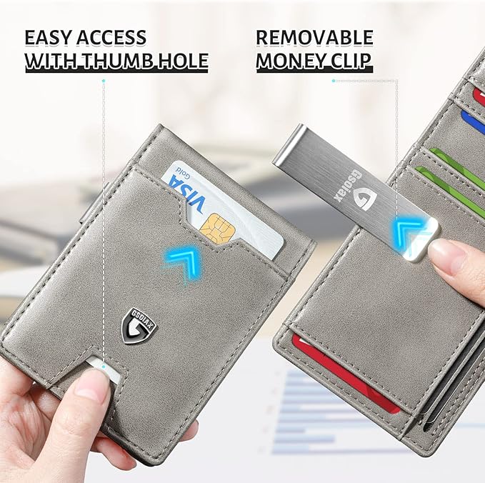 GSOIAX Men's Slim RFID Blocking Leather Wallet with Money Clip | Minimalist Carbon Fiber Bifold Credit Card Holder | 11 Card Slots | Gift Box Included(Leather Gray)