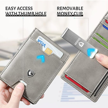 GSOIAX Men's Slim RFID Blocking Leather Wallet with Money Clip | Minimalist Carbon Fiber Bifold Credit Card Holder | 11 Card Slots | Gift Box Included(Leather Gray)