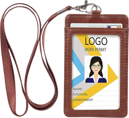 Teskyer Badge Holder with Lanyard, Leather ID Name Badge Card Holder with Lanyard for ID Badges, Vertical Brown