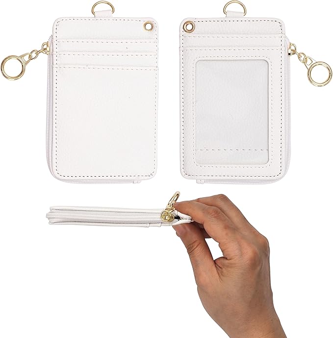MONDO DESIGNS 2-in-1 ID Badge Holder & Lanyard Wallet - Multi-Use Womens Small Wallet with Removable Wristlet & Neck Lanyard, Clear Window, 5 Card Slots, Phone Holder, Ring Keychain - Off White