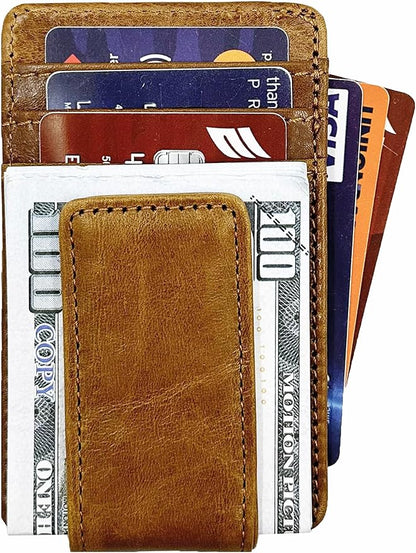 Front Pocket Wallets for Men with Magnet Money Clip RFID Blocking Leather Minimalist Slim Wallet Credit Card Holder (Small Brown)