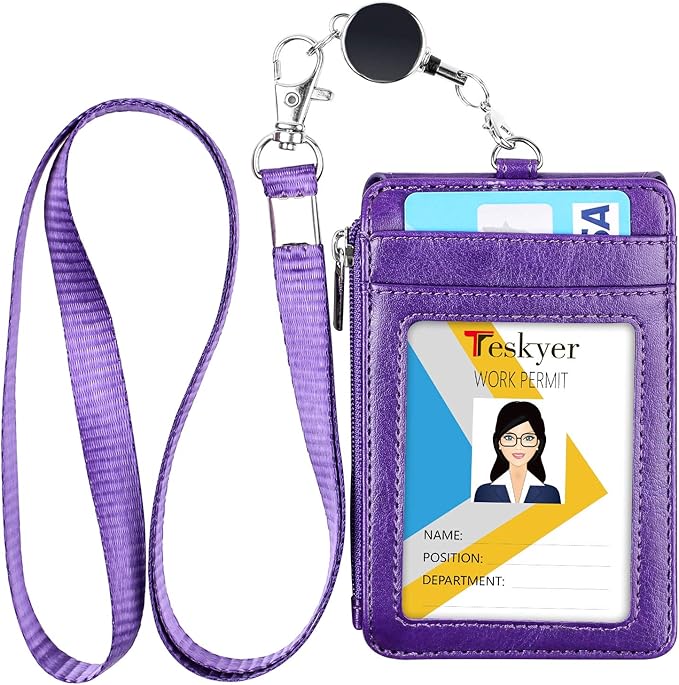 Teskyer Leather Badge Holder with Lanyard and Retractable Badge Reel, 4 Card Slots ID Card Holder with 1 Zipper Pocket for Office School Name Work IDs, Purple