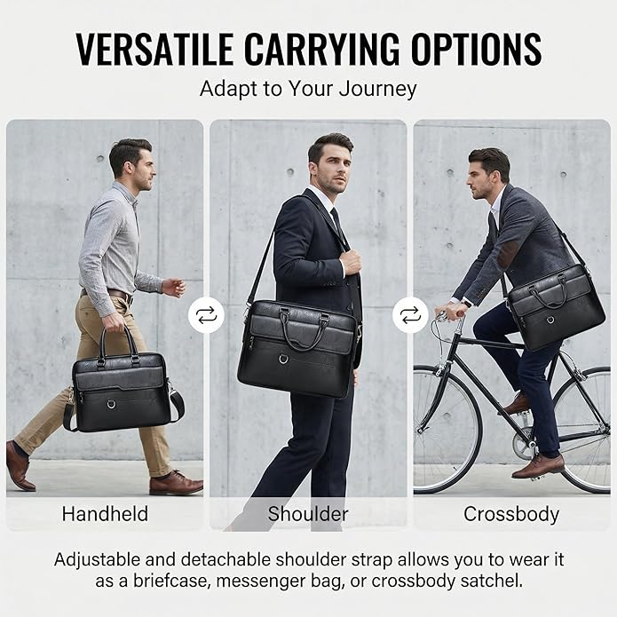 Men's Leather Laptop Bag 15 IN, Water-Resistant Briefcase Messenger Bag for Work, Business, Shoulder Crossbody Office Satchel