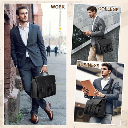 RAINSMORE Messenger Bag for Men 15.6 Inch Vintage Leather Laptop Briefcase Large Laptop Bag Waterproof Satchel Bag Computer Shoulder Bag for Office Work Travel College, Black
