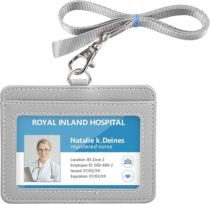 Teskyer Badge Holder with Lanyard, Leather ID Name Badge Card Holder with Lanyard for ID Badges, Horizontal, Lychee Pattern Grey
