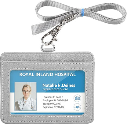 Teskyer Badge Holder with Lanyard, Leather ID Name Badge Card Holder with Lanyard for ID Badges, Horizontal, Lychee Pattern Grey