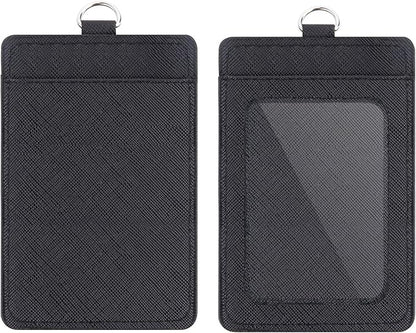 2 Pack Badge Holders and Heavy Duty Retractable Reel Clips Set, Vertical Leather ID Badge Holders with 1 Clear ID Window & 2 Credit Card Slots (Black-2pcs)'