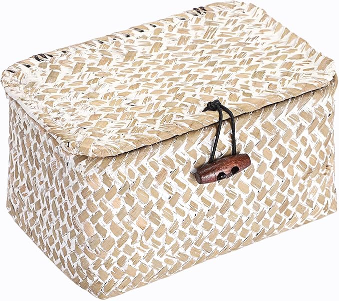 Hipiwe Wicker Shelf Basket Mini Seagrass Basket with Lid Key Holder Box for Entry Tabletop Desk Organizer Home Decor, Whitewash 6.1" x 4" x 3.3"