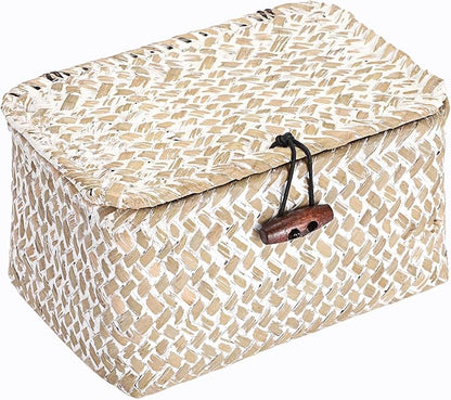 Hipiwe Wicker Shelf Basket Mini Seagrass Basket with Lid Key Holder Box for Entry Tabletop Desk Organizer Home Decor, Whitewash 6.1" x 4" x 3.3"