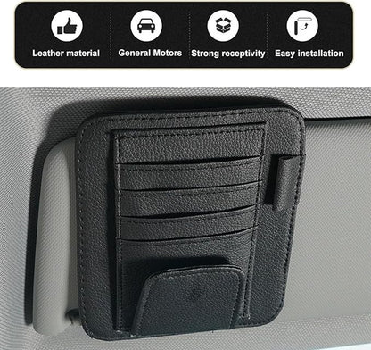 Car Sun Visor Organizer, Small Leather Car Visor Organizer with Sunglasses Clip, Multifunctional Auto Sun Visor Storage Pocket, Card Sleeve Pocket Organizer for Driving License, Pen, Chapstick