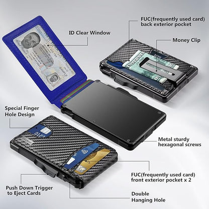 umoven Wallet for Men - with Money Clip Slim Leather Slots Credit Card Holder RFID Blocking Bifold Minimalist Wallet (Carbon Black and Blue)