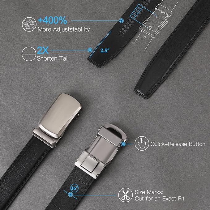 GAEKEAO Mens Belt Leather 1 3/8" - Micro-Adjust Buckle Ratchet Belts for Men Dress Casual to Formal Trim to Fit with Gift Box