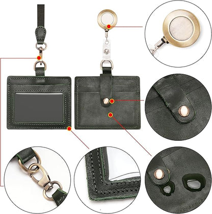 Wonderpool Leather Horizontal Badge Holder with Detachable Neck Lanyard and Retractable Badge Reel Clip, Card Slots Case ID Card Holder for ID Badges Card and Driver Licence (Green)