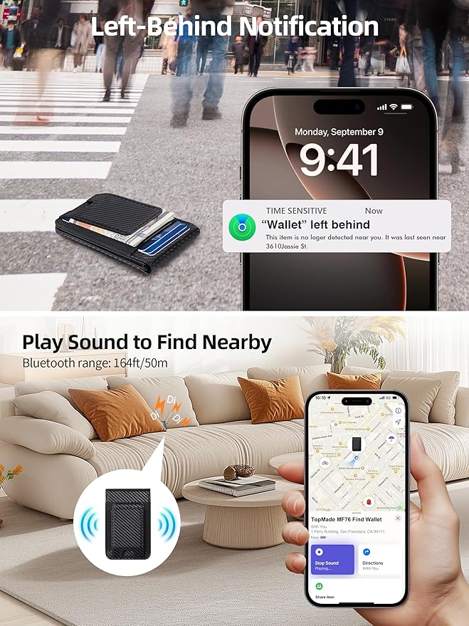 TopMade for MagSafe Wallet with Money Clip, Works with Apple Find My, Magnetic Wallet for iPhone 17/16/15/14/13/12 Series, for iPhone Wallet Stand with Finder Tracker, Black Carbon Fiber