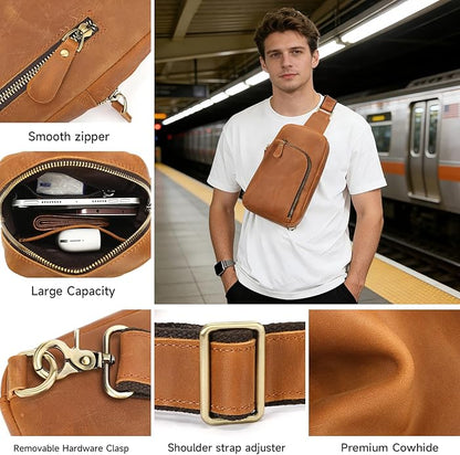 Genuine Leather Sling Bags for Men Crossbody Purse Vintage Small Messenger Shoulder Bag for Phone Side Chest Daypack Bag