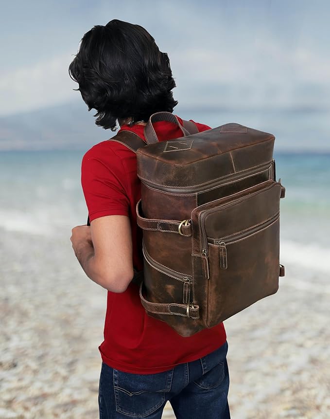HLC Leather Backpack Genuine Laptop Rucksack For Men Women Genuine Large Capacity Business Retro Travel Camping Daypack Bag (Brown)